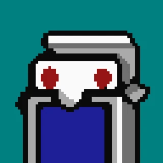 The Momitaire icon: a pixel-art character with a white mask, red eyes and a blue body, on teal.